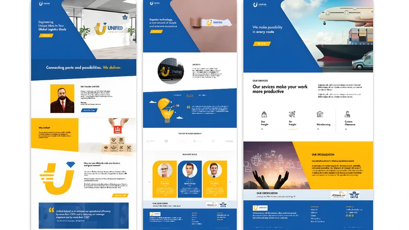 Unified Logistics website designs in blue and yellow